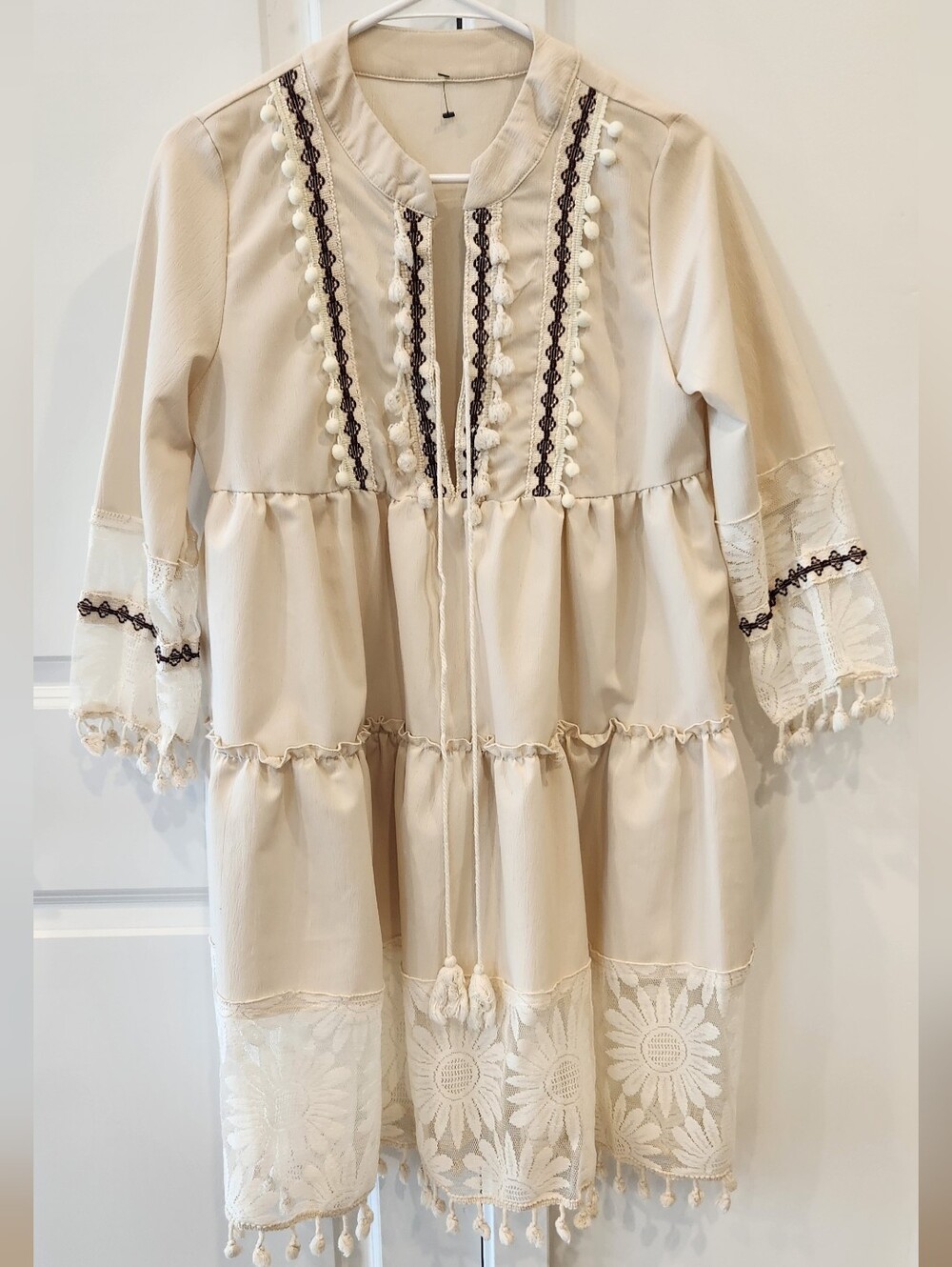 Cream Tiered Boho Dress with Pom Trim